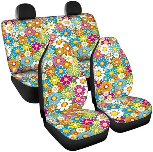 Vibrant Hippie Flower Print Car Seat Covers 4Pcs Front & Rear Breathable Seat Covers Universal Fits for Truck, Sedan, SUV Auto Interior Protector Car Accessories