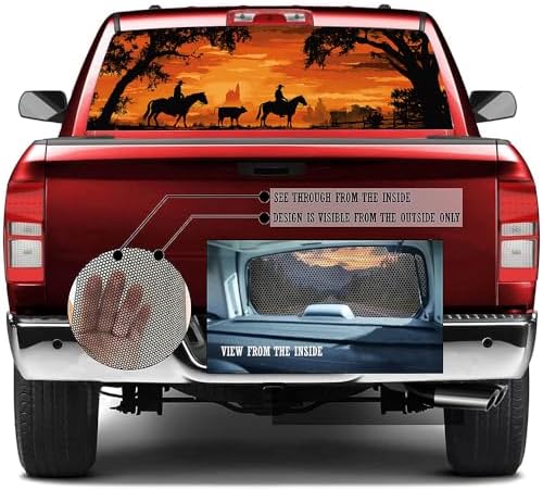 Watercolor Cowboy Truck Back Window Graphics Decals, Horse Abstract Sunset Landscape Universal See Through Rear Window Vinyl Wrap Full Window Decals for Trucks SUV 66 x 22 inch