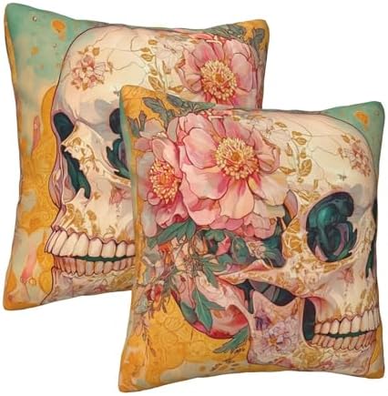 Halloween Skull Flower Throw Pillow Covers 18x18 inch Set of 2 Pillow Case Cushion Cover for Home Sofa Couch Living Room Car Decor - Image 2