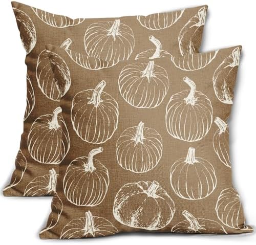 Brown Fall Pumpkin Pillow Covers 24x24 Set of 2 Autumn Themed Thanksgiving Cream Print Decorative Throw Pillows Outdoor Pillowcase Farmhouse Linen Cushion Case Decor for Home Sofa Couch Bed by Aytipun