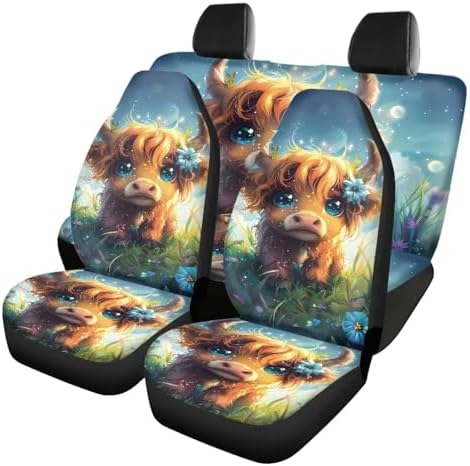 Cute Cattle Floral Print Car Seat Covers Full Set Front Rear Seat Covers for Truck Sedan 4 Piece Aesthetic Auto Accessories Vehicle Split Bench Covers