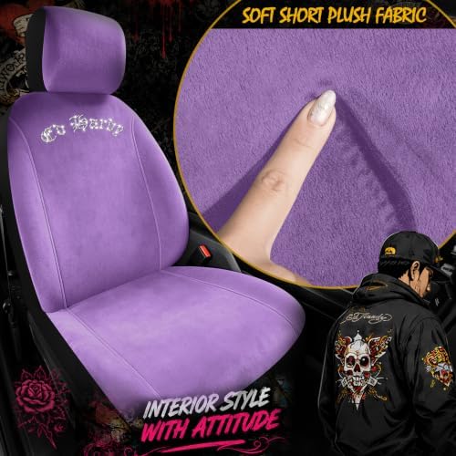 ED HARDY Car Seat Covers, Purple Soft Short Plush & Silver Diamond Graphic