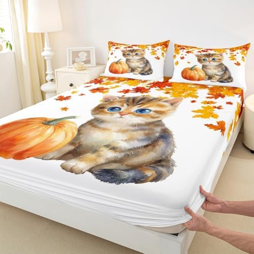 Cute Pumpkin Cat Bed Sheets Queen Kawaii Watercolor Cat Sheet Set For Kids Boys Girls Autumn Fall Maple Leaf Bedding Thanksgiving Harvest Seasonal Fitted Sheet Orange White Flat Sheet 2 Pillow Cases - Image 6
