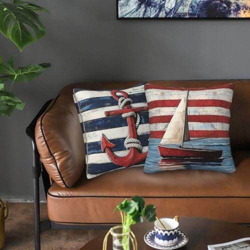Striped Nautical Throw Pillow Covers 18x18 inch Set of 2 Boat Anchor Pillow Case Cushion Cover for Home Sofa Couch Living Room Car Decor - Image 6