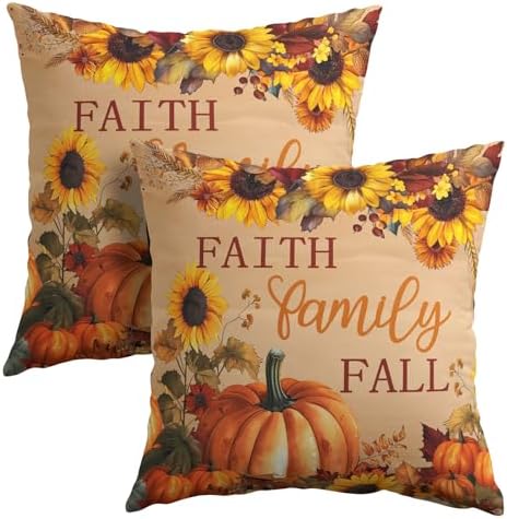 Sweetshow Faith Family Fall Pumpkin Pillow Covers 22x22 Inches Autumn Sunflowers Throw Pillow Case Set of 2 Pillows Cotton Linen Cushion Cover for Home Couch Sofa Livingroom by Sweetshow