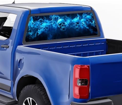 Country Skull Truck Rear Window Graphic Decals, Mystery Abstract Horror Skeleton Blue Flame Pickup Car Window Stickers Truck Back Window Film Decal for Trucks SUV 66 x 22 inch