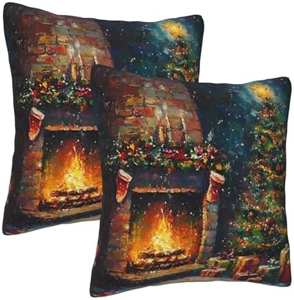 Christmas Tree and Fireplace Throw Pillow Covers 18x18 inch Set of 2 Xmas Pillow Case Cushion Cover for Home Sofa Couch Living Room Car Decor - Image 2