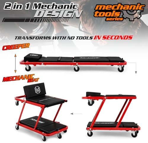 M-AUTO Heavy-Duty Convertible Mechanic Creeper, Z-Creeper 2-in-1 Creeper and Seat 48" Padded Adjustable Headrest Roller Garage Chair with 7 Swivel Casters for Washing, Detailing, Maintenance, Red - Image 4