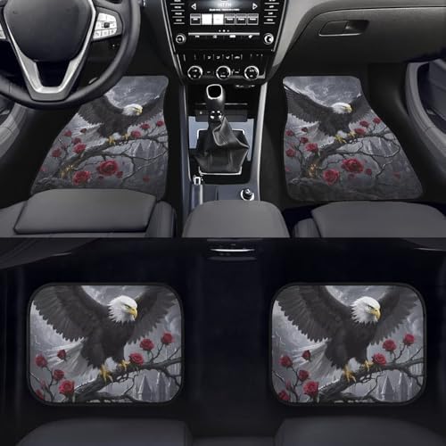 Bald Eagle Car Floor Mats Gothic Eagle Rose Flower All Weather Car 1st & 2nd Row Floor Mats Interior Carpet Art Aesthetics Universal for SUV Sedan Car Trucks Black