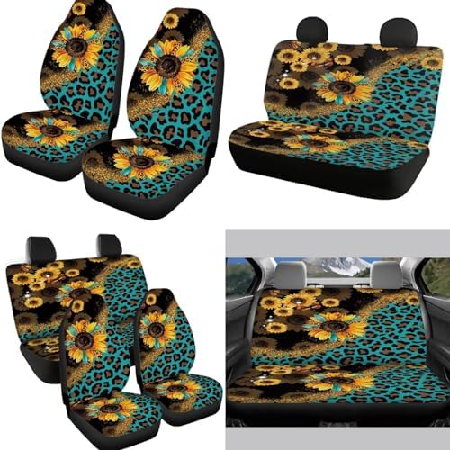 Leopard Sunflower Car Seat Covers for Women Men,Neoprene Car Steering Wheel Cover Seatbelt Pads Armrest Pads Keychain Leopard Car Interior Sets Leopard Car Coasters Decor Accessory