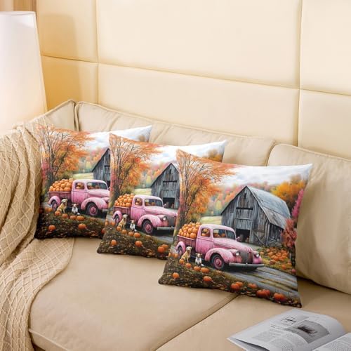 Retro Pink Truck Pillow Case Covers 2 Pack,Autumn Harvest Thanksgiving Day Rustic Cabin Pillow Covers 24"x 24" Soft Square,Fall Maple Leaves Pumpkin Cute Dog Decorative Throw Pillow Covers - Image 4