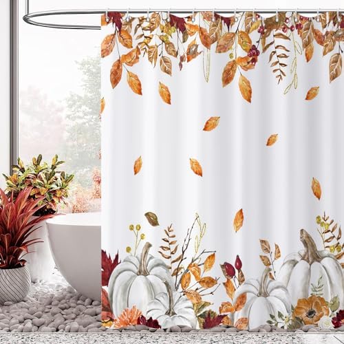 Fall Pumpkin Shower Curtain, Watercolor Autumn Pumpkins with Gold Branches Falling Leaves Harvest Bathroom Curtain Waterproof Fabric Machine Washable with Hooks, 72" Wx72 L - Image 2