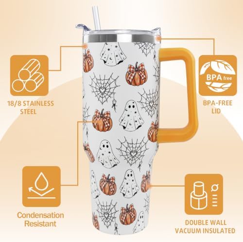 Halloween Tumbler with Handle 40 oz Pumpkin Ghost Spiderweb Coffee Travel Mug Stainless Steel Goth Insulated Cups Cute Halloween Decor Gifts - Image 6