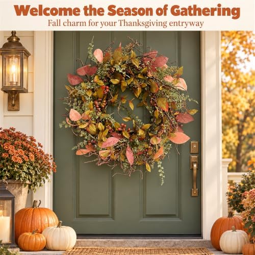 26 Inch Fall Wreath for Front Door Artificial Grapevine Wreath - Image 6