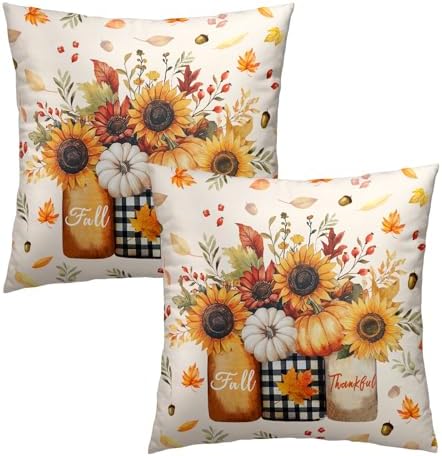 Autumn Sunflowers Vase Throw Pillow Covers 24X24 Inches Set of 2 Fall Thankful Pumpkin Maple Leaves Pillowcase Soft Cotton Square Cushion Covers for Home Sofa Patio Bedroom Decoration - Image 2