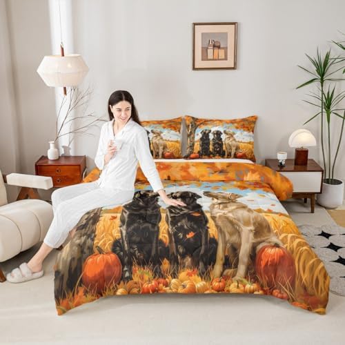 Feelyou Fall Bedding Set for Girls Boys Kids Twin Size Maple Leaves Pumpkin Comforter Cover Room Decor Dogs Duvet Cover Yellow Orange Quilt Set - Image 5