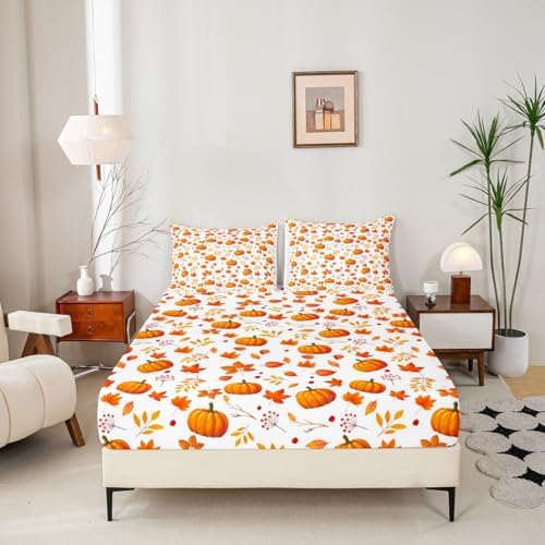 Happy Fall Fitted Sheet Halloween Autumn Pumpkin Bed Sheets Twin,Cute Fall Flowers Maple Leaf Bedding Set Thanksgiving Sheet Set Gifts For Kids Boys Girls Fall Home Bedroom Decor Flat Sheet 3 Pcs - Image 4
