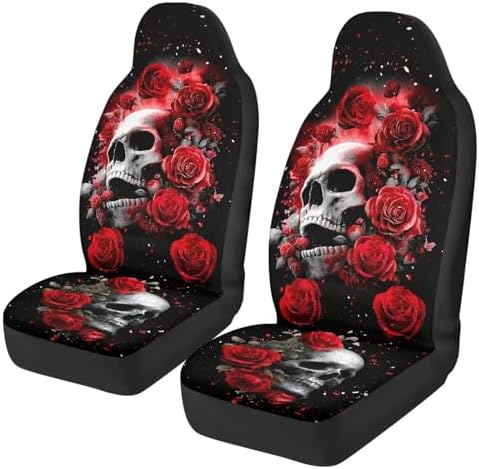 Bulopur Halloween Auto Seat Covers Front Seats Gothic Skull and Red Rose Car Seat Covers Set Car Accessories Interior Highback Bucket Covers for Most Cars