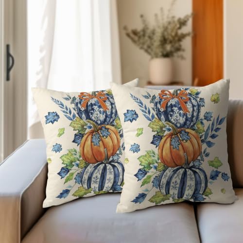 Fall Pumpkin Pillow Covers 22x22 Set of 2 Blue Orange Maple Leaves Bow Chinoiserie Outdoor Throw Pillows Covers Autumn Thanksgiving Harvest Decorative Farmhouse Cushion Case for Living Room Couch Sofa - Image 3
