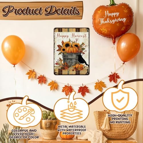 Thanksgiving Day Vintage Tin Sign Happy Harvest Metal Wall Art for Entryway Hotel Studio Fram Living Room 12x16Inch - Image 3