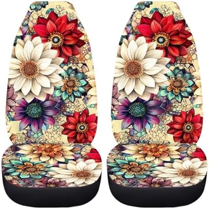 BIGCARJOB Blossom Lotus Car Seat Covers Set for Front Only Boho Lotus Print Car Interior Accessories Cute Seat Protector for Cars Saddle Blanket,Fit Most Vehicle,Cars,Sedan