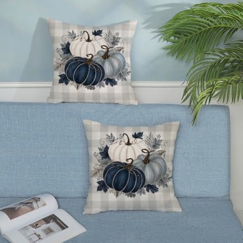 Fall Blue PumpkinPillow Covers 18x18 Set of 2 White Grey Buffalo Plaid - Image 4