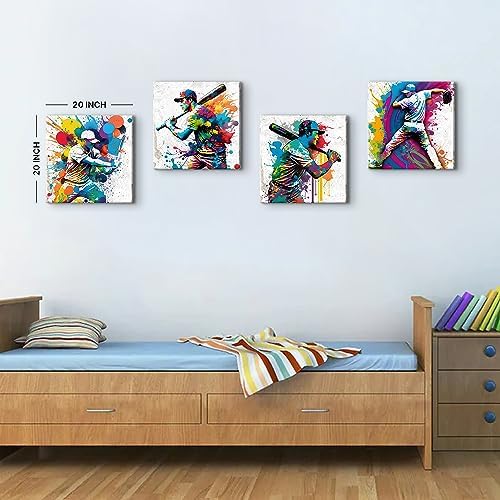 Sports Decor for Boys Room Watercolor Baseball Wall Art Pop Baseball Athletes Pictures Canvas Prints Modern Artwork Mens Bedroom Colorful Painting Office Study Living Room Home Decorations 20x20” 4Pcs - Image 5