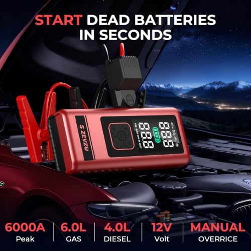 S ZEVZO Car Jump Starter with Air Compressor, 6000A 150PSI Jump Box Battery Pack(6.0 Gas/4.0L Diesel), Portable 12V Jump Box with Auto-Shutoff Tire Inflator, USB Ports, LCD Display & LED Light - Image 2