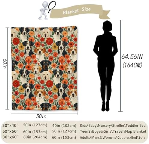 Adorable Dogs and Floral Blanket, Soft Flannel Cute Dog Faces Throw Blanket for Couch, Bed, Travel & Home Decor, Lightweight Cozy Warm Fuzzy Blankets for Adults Kids Pet Lovers 60×50 in - Image 3