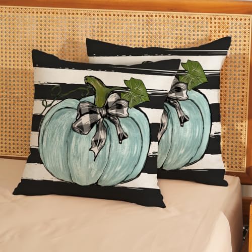 Fall Pillow Covers 18x18 Inch Pack of 2 Teal Blue Pumpkin Leaf Stripes Fall Decor Pillowcase Autumn Thanksgiving Decorative Outdoor Throw Pillow Covers Linen Farmhouse Cushion Case for Sofa Home - Image 2