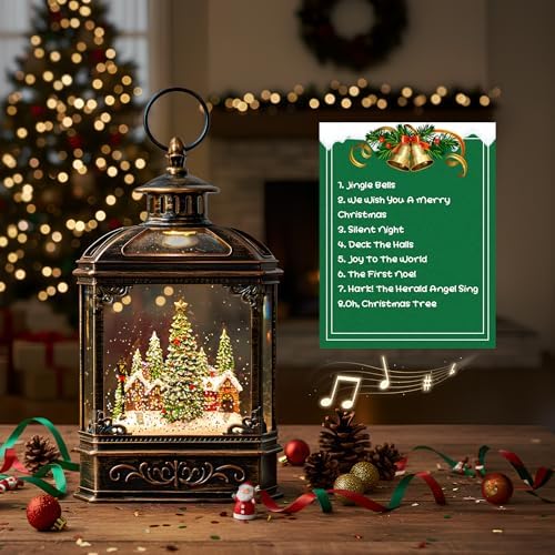 Christmas Snow Globe Lantern Water Glittering Xmas Village with Music & Timer, USB Lined/Battery Operated Lighted Lantern for Christmas Festival Decoration Gifts - Image 3