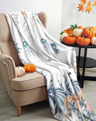 DecorLovee Blue Coastal Fall Blanket 30"x40", Reversible Pumpkins Thanksgiving Throw Blanket for Couch/Bed, Botanical Starfish Lightweight Soft Throw Blankets for Kids, Warm Fuzzy Blankets for Winter - Image 3
