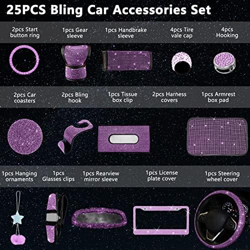 25PCS Bling Car Car Accessories Set,15 Inch Steering Wheel Cover,Shiny License Plate Frame,Center Console Cover and Rearview Mirror Set and Other Car Accessories(Purple) - Image 2