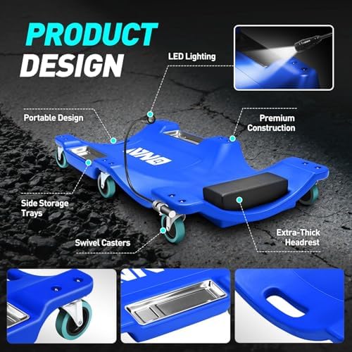 DNA Motoring 40 Inch Low Profile Plastic Rolling Garage Shop Floor Creeper with LED Light, Padded Headrest, Dual Tool Trays, Casters, Blue, TOOLS-00389-BL - Image 4