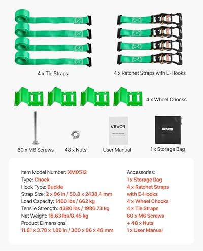 VEVOR Wheel Chock Tie-Down Kit, Chock-Style Trailer Strap, Car Kit with Buckle, Break Strength 4380 lbs & Working Load 1460 lbs Motorcycle Tie-Down System E-Hooks for ATVs, UTVs