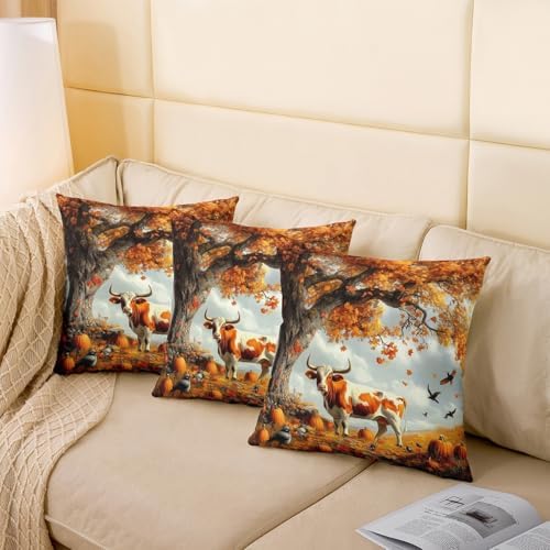 Fall Cattle Pillow Case Covers Double Sides,Autumn Farmhouse Pumpkin Maple Leaves Tree Pack of 2 Pillow Covers,Rustic Farm Animal Cabin Cow Decorative Throw Pillow Covers,20"x 20" - Image 4