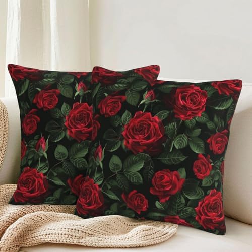 KiuLoam Black and Red Roses Pillow Covers 22x22 Set of 2, Vintage Romantic Valentine Print Decorative Throw Pillow Cases, Farmhouse Style Cushion Covers for Sofa Couch Living Room Bedroom - Image 2