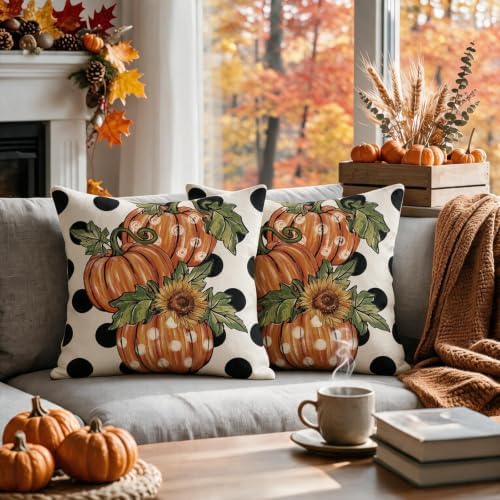 Fall Pillow Covers 20x20 Set of 2, Thanksgiving Orange Pumpkin Sunflower Polka Dot Decorative Throw Pillow Cases Autumn Harvest Outdoor Seasonal Farmhouse Decor for Sofa Couch Bed - Image 2