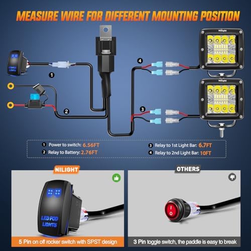 Nilight 2Pcs 3Inch 42W LED Cubes Upgraded Spot Flood Combo Square Driving Fog Off Road Lights 12V 5Pin Rocker Switch Wiring Harness Kit-2 Leads