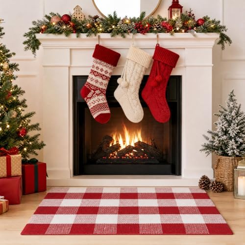 Christmas Red and White Plaid Rug 24 x 36 Inches, Cotton Hand-Woven Buffalo Check Door Mat, Washable Layered Entryway Rug for Front Porch, Kitchen and Holiday Decor - Image 3