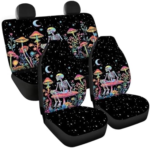 Skull Colorful Mushroom Car Seat Covers 4Pcs Front & Rear Breathable Seat Covers Universal Fits for Truck, Sedan, SUV Auto Interior Protector Car Accessories Halloween Decor