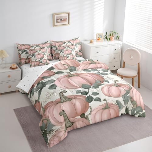 Erosebridal Retro Pink Pumpkin Bedding Set 7 Piece Eucalyptus Leaves Queen Comforter Set for Girls Women Autumn Farmhouse Thanksgiving Fall Bed in A Bag Cute White Floral Sheet Set with Comforter - Image 3