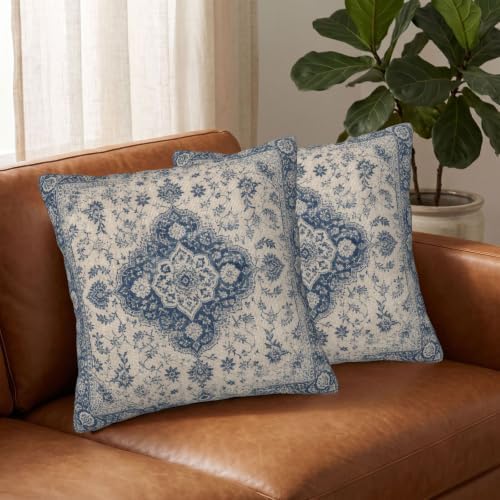Blue Boho Throw Pillow Covers 16x16 Set of 2, Ethnic Design Carpet Pattern - Image 3