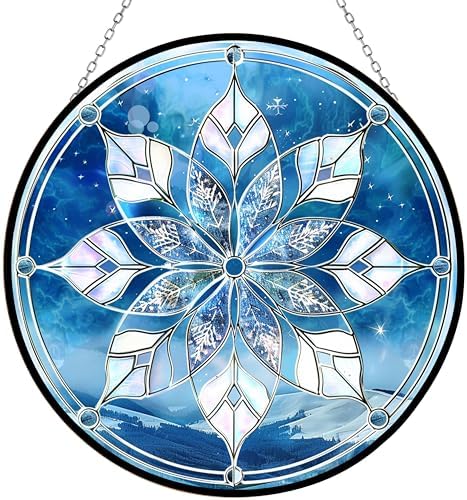 Christmas Snowflake Stained Glass Window Hangings, Handcrafted Stained Glass Suncatchers, Gift for Cat Lovers Nature Lovers 12”x12” Mothers Day by HYPESTYLE