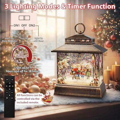 Christmas Snow Globe Lantern Water Glittering Lantern with 8 Songs & 6H Timer Romote Control Christmas Snow Globes USB & Battery Operated for Christmas Festival Decorations Gifts (Christmas Carol) - Image 3
