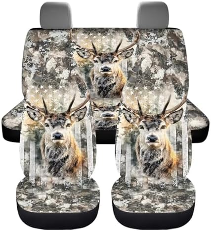 Vintage US Flag Hunting Deer Print Car Seat Covers 4Pcs Front & Rear Breathable Seat Covers Universal Fits for Truck, Sedan, SUV Auto Interior Protector Car Accessories