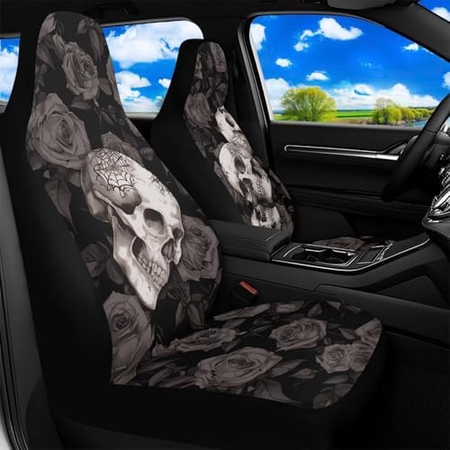 Bulopur Skull Rose Car Seat Covers Washable Waterproof Front Seats Only Auto Drive Seat Covers 2 Pack Anti-Slip Automotive Cushion Protectors Airbag Compatible for Most Cars Sedans Truck Van