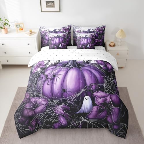 Erosebridal Kids Purple Pumpkin Full Bed in A Bag 7 Piece Halloween Spooky Ghost Bedding Set Gothic Spider Web Comforter Set for Boys Girls Adults,Halloween Horror Sheet Set with Comforter - Image 2