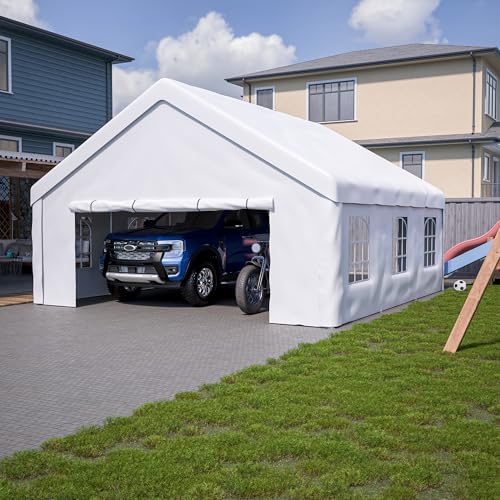 YOPTO 20x20 FT Carport Canopy Heavy Duty,Portable Garage W/Detachable Sidewalls & Mesh Windows,Car Canopy Tent W/ 2 Roll-Up Double-Zipper Doors,Outdoor Car Shed for Truck,Boat,Vehicle,White by Unknown