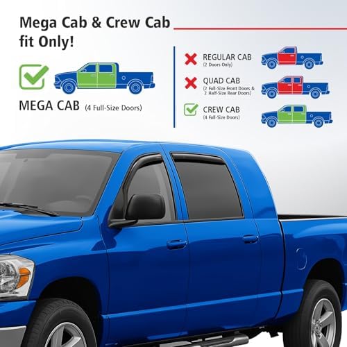 Goodyear Shatterproof in-Channel Window Deflectors for Dodge RAM 2002-2008 MegaCab, Rain Guards, Window Visors for Cars, Vent Deflector, Car Accessories, 4 pcs - GY008047